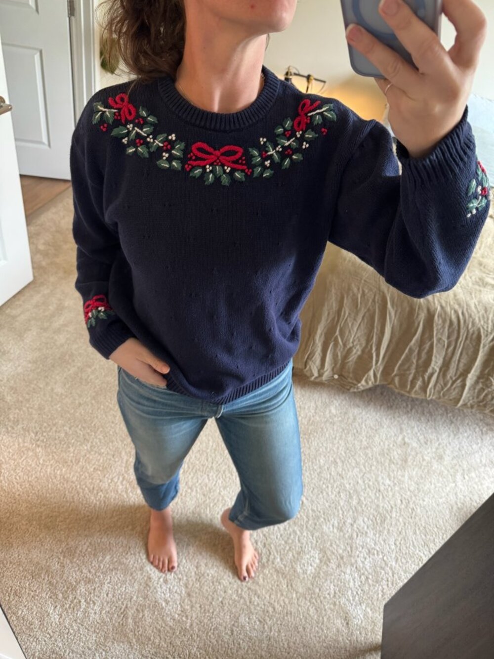 Vintage Northern Reflections Navy Sweater with Holly and Ribbon Embroidery M